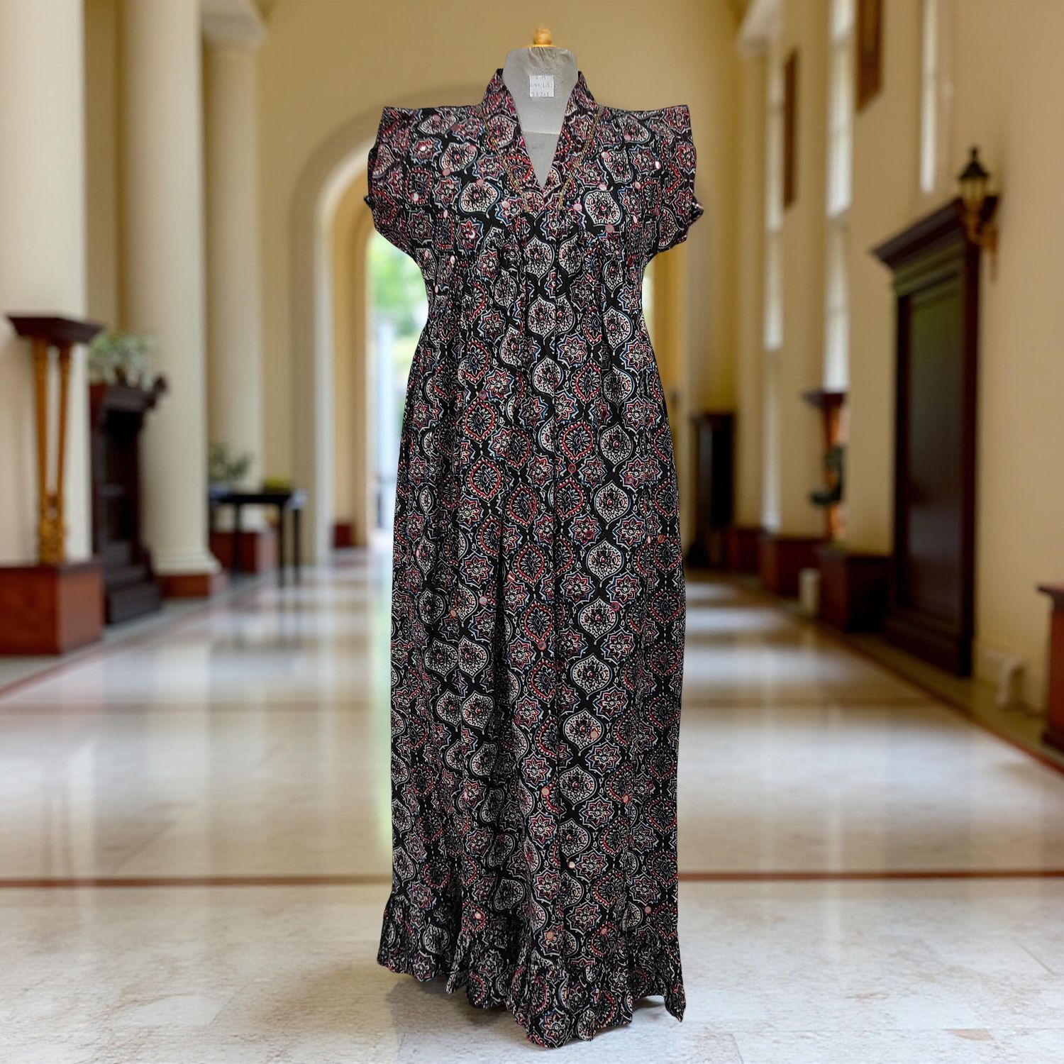 XS/S Amani Printed Cotton Dress 54&quot; Short Sleeves Jalabiya