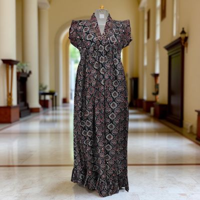 XS/S Amani Printed Cotton Dress 54&quot; Short Sleeves Jalabiya