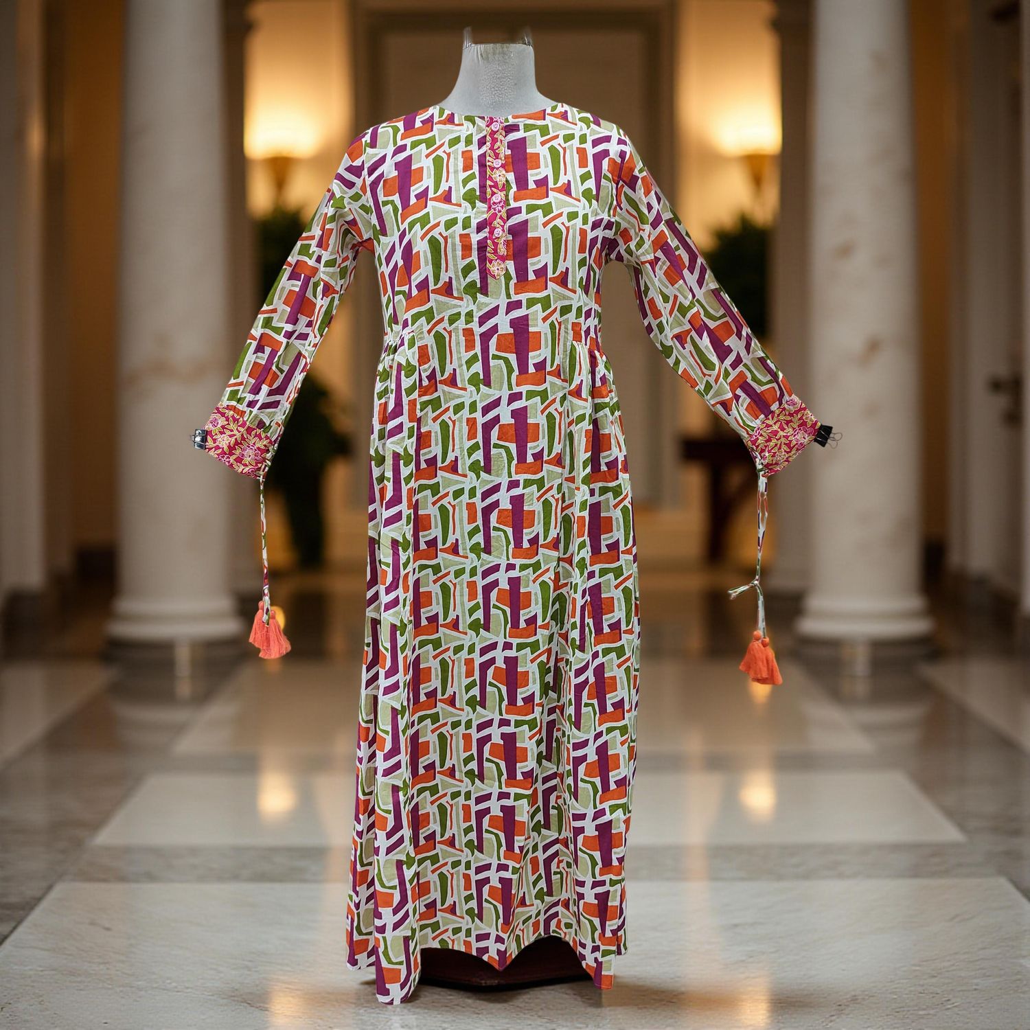 10-11 Year Jasmine Printed Cotton Girls Dress 46&#39;&#39; Long Jalabiya