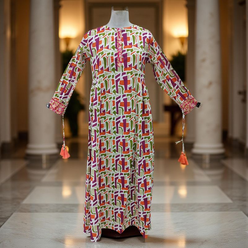 10-11 Year Jasmine Printed Cotton Girls Dress 46&#39;&#39; Long Jalabiya