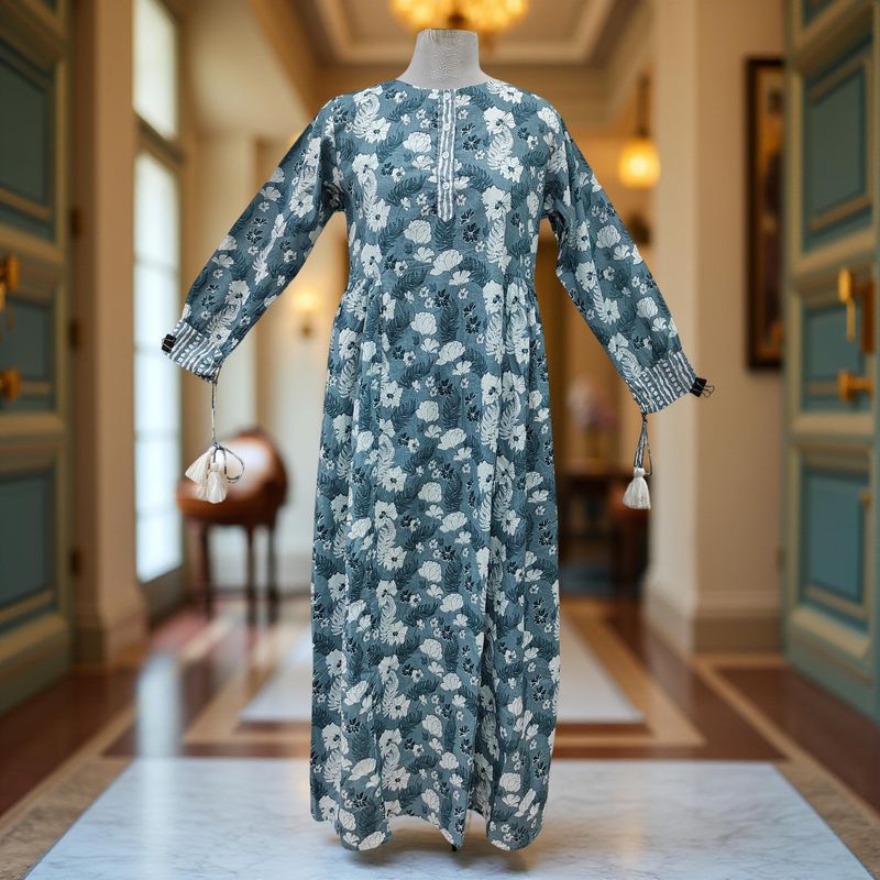 12-13 Year Jasmine Printed Cotton Girls Dress 50&quot; Long Jalabiya