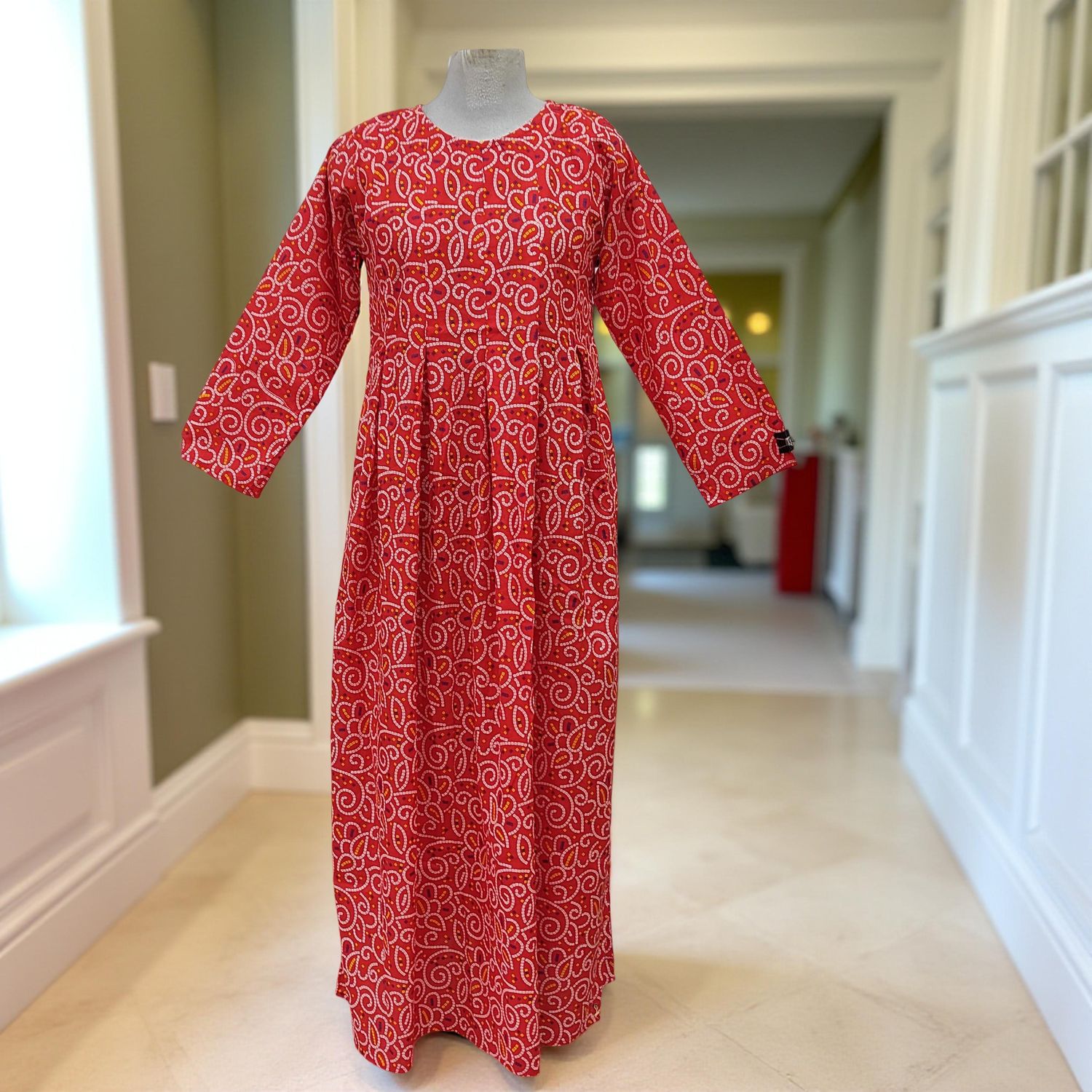 12-13 Year Ruby Printed Cotton Girls Dress 50&quot; Long Jalabiya