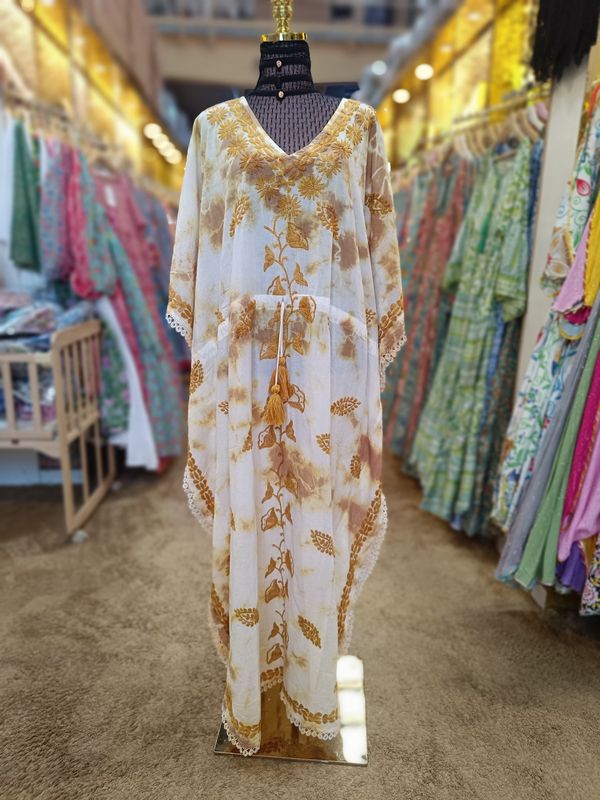 Free Size Farasha Printed Kaftan Embroidery Cotton Dress 57&quot; Long Jalabiya