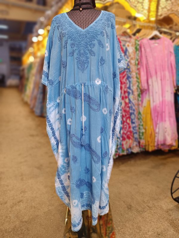 Free Size Farasha Printed Kaftan Embroidery Cotton Dress 57&quot; Long Jalabiya