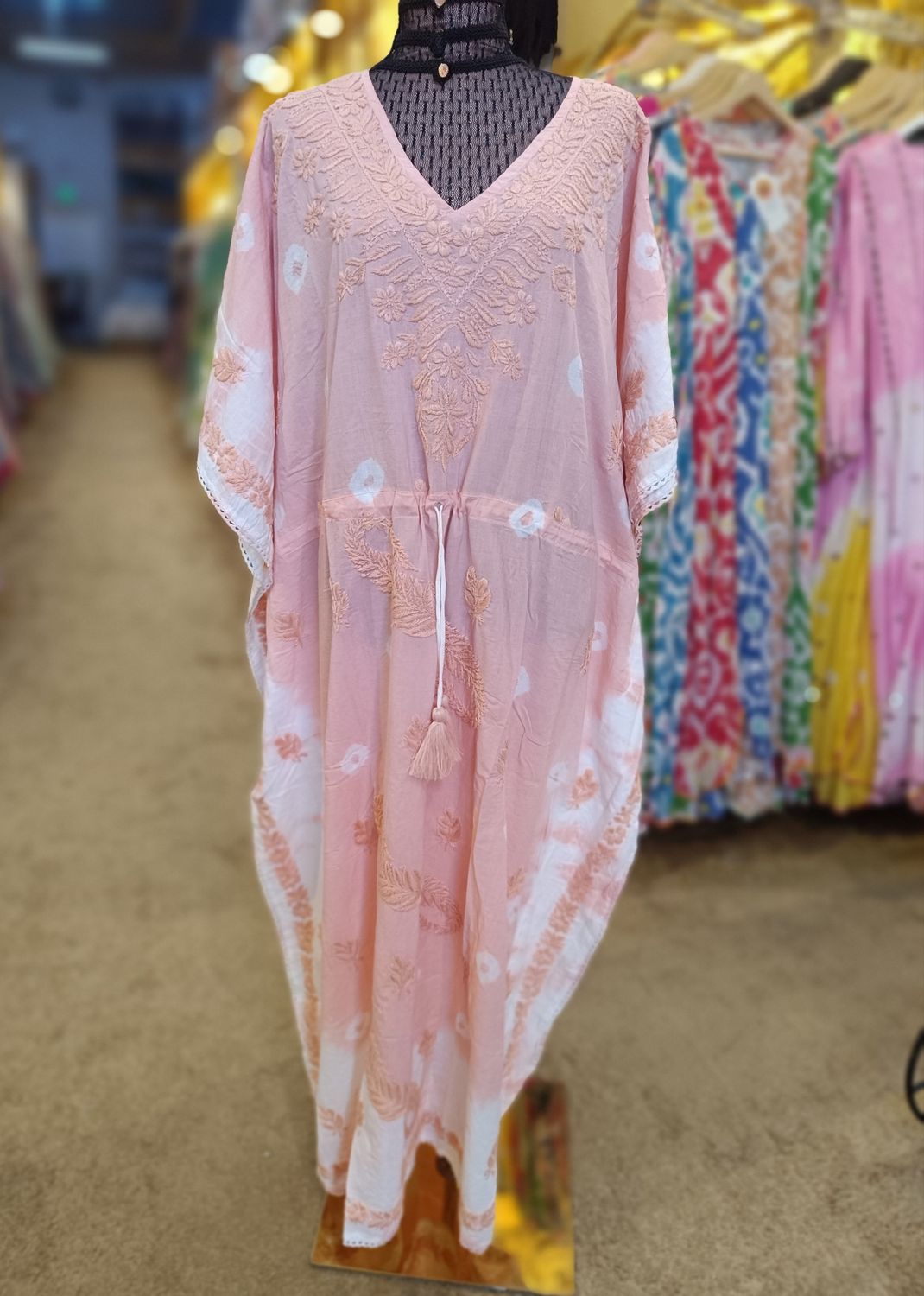 Free Size Farasha Printed Kaftan Embroidery Cotton Dress 57&quot; Long Jalabiya