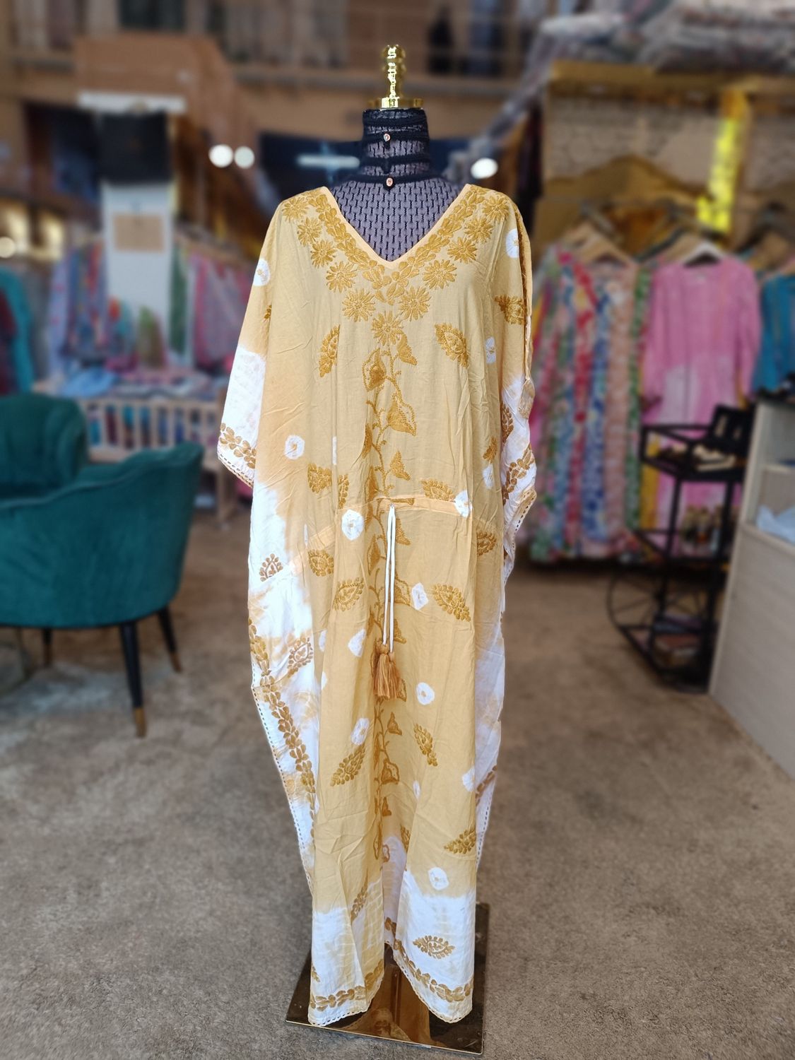 Free Size Farasha Printed Kaftan Embroidery Cotton Dress 57&quot; Long Jalabiya
