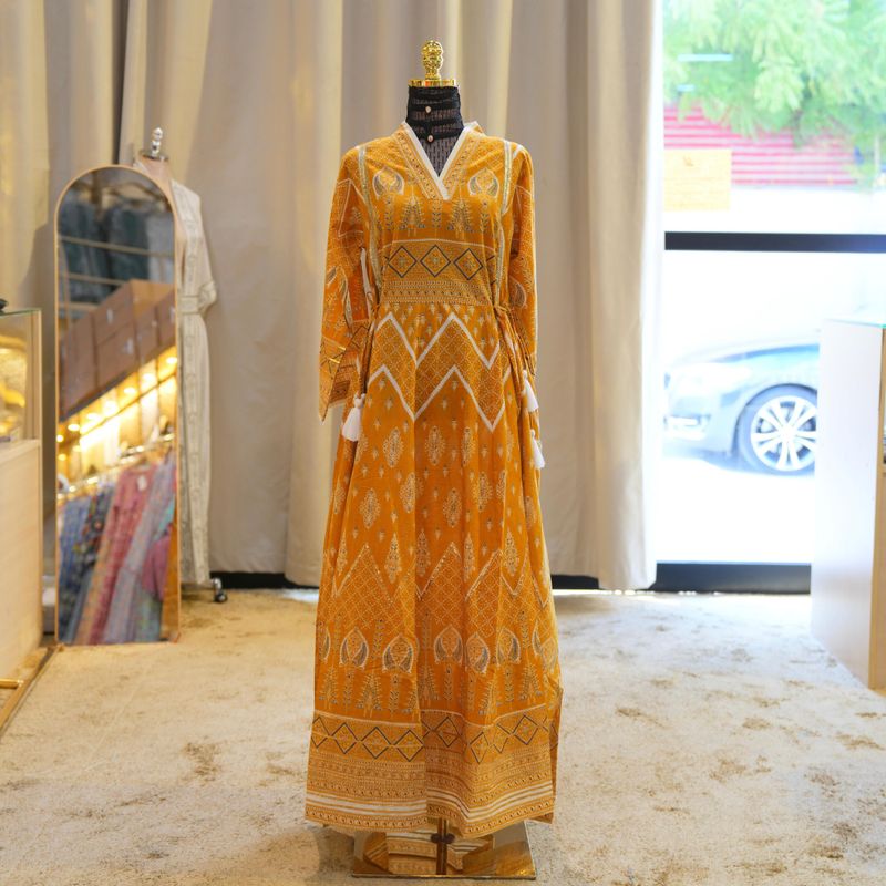 XS/S Fareeha Printed Cotton Dress 57&quot; Long Jalabiya