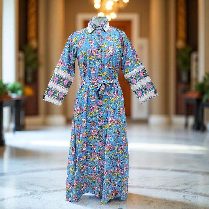 L/XL Tansy Printed Cotton Jalabiya Dress 57&quot; Long