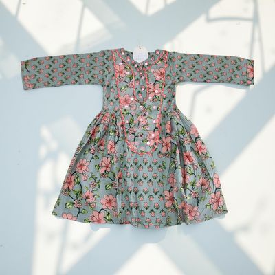 1-2 Year Suf Blue Printed Cotton Girls Dress 26&#39;&#39; Long Jalabiya