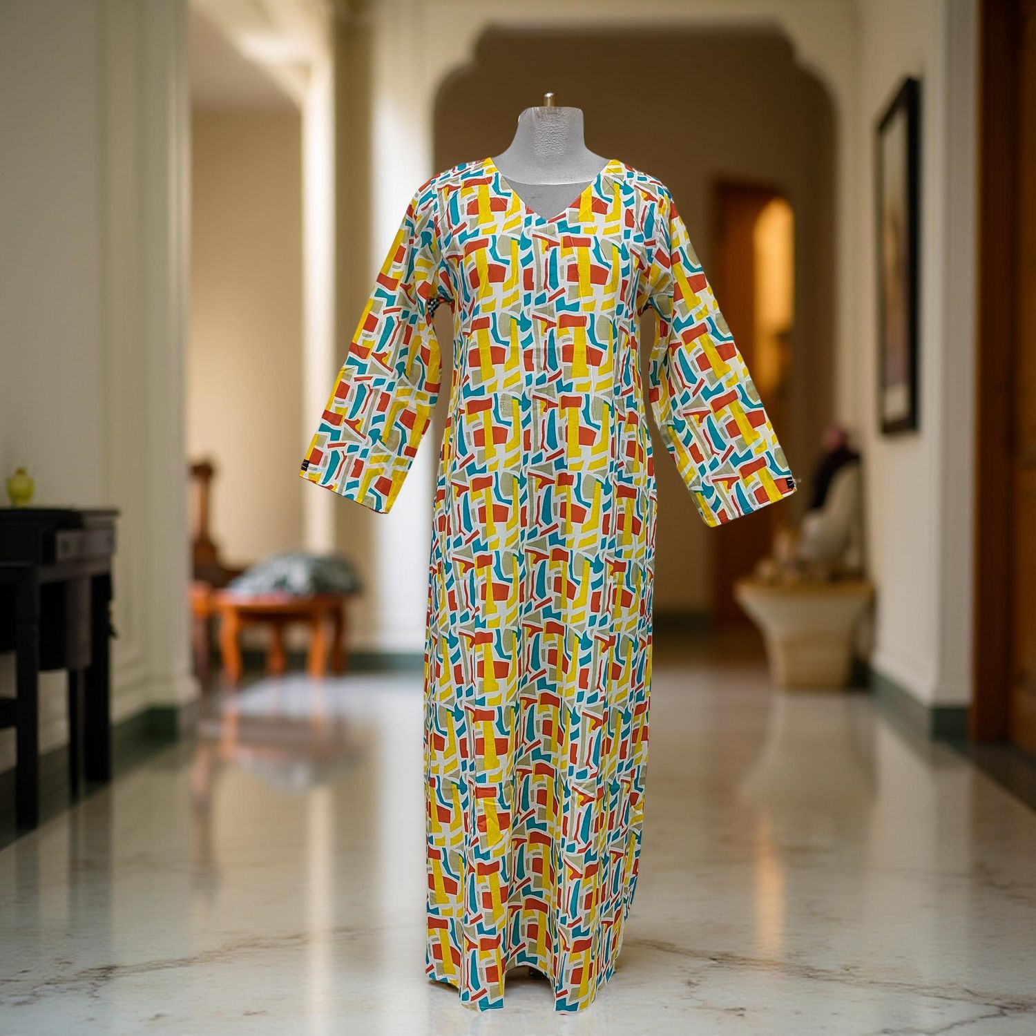 S/M Khadijah Printed Cotton Dress 57&quot; Long Jalabiya