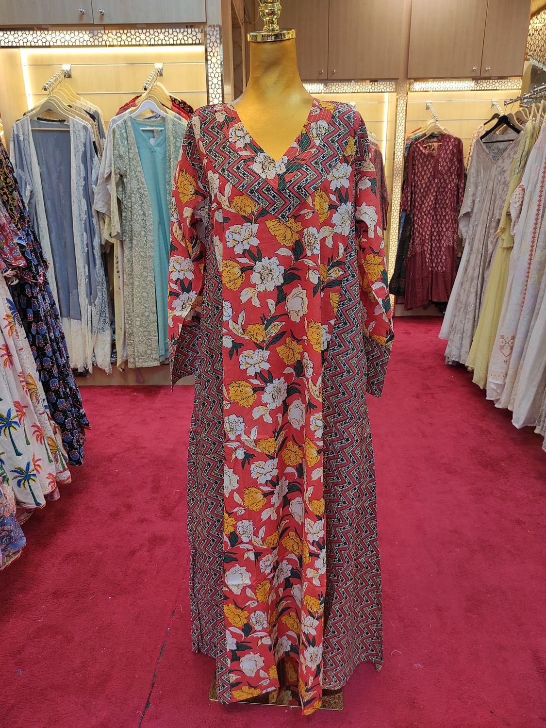 S-M  Noor Printed Cotton Dress 57&quot; Long Jalabiya
