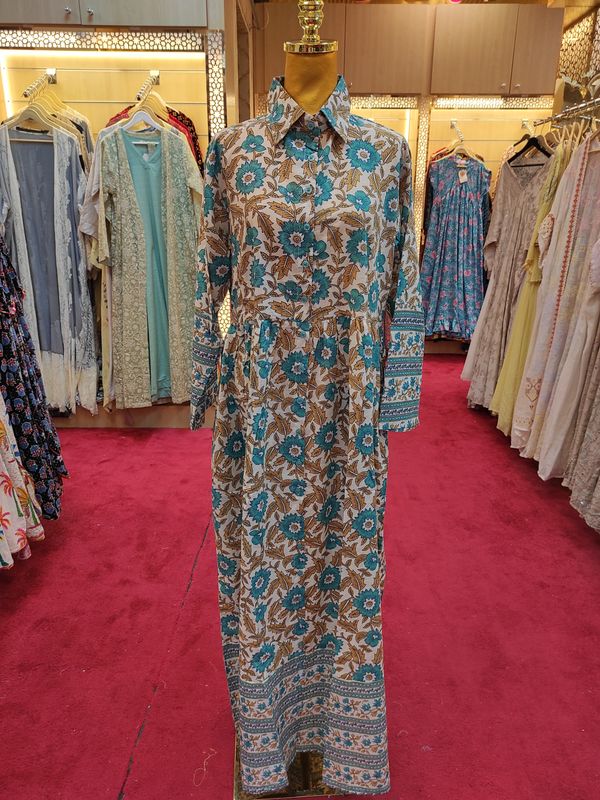 S/M Ana Printed Cotton Dress 56&quot; Long Jalabiya