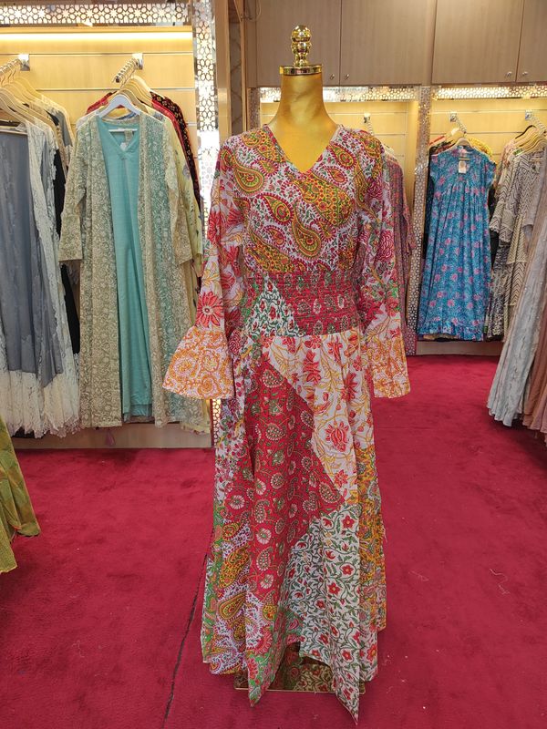 L/XL Musira Multi Printed Cotton Dress 57&quot; Long Jalabiya