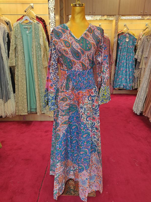 L/XL Musira Multi Printed Cotton Dress 57&quot; Long Jalabiya