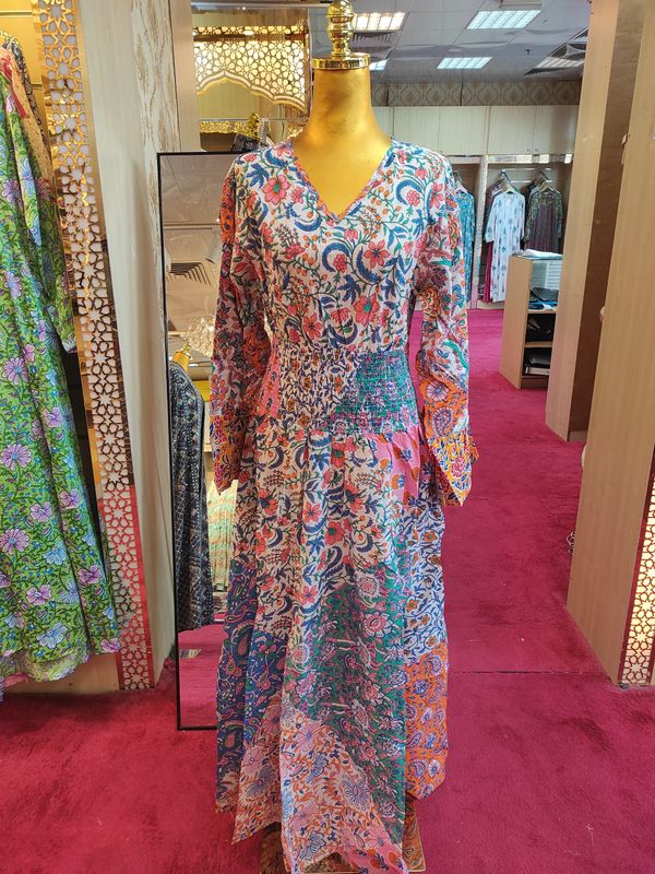 L/XL Musira Multi Printed Cotton Dress 57&quot; Long Jalabiya