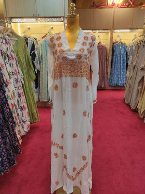 S/M Teena Embroidery White Cotton Dress 57&quot; Long Jalabiya