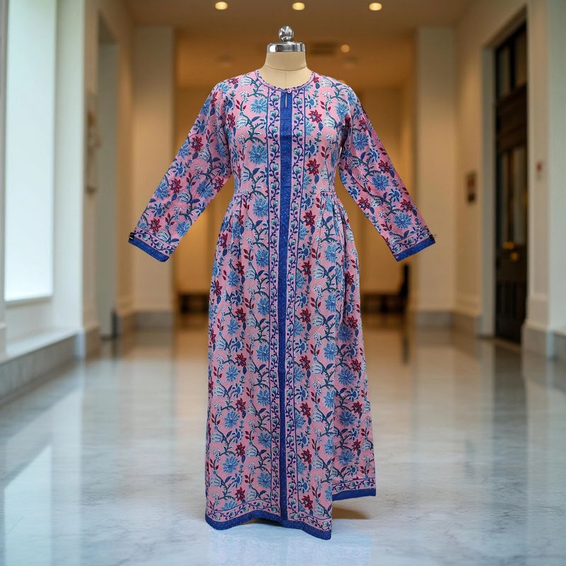 S/M Bhopali Crystal Printed Cotton Dress 57&quot; Long Jalabiya