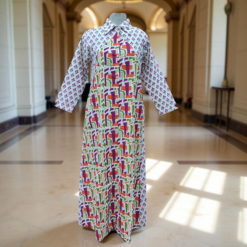 L/XL Honey Printed Cotton Dress Long 57&quot; Jalabiya