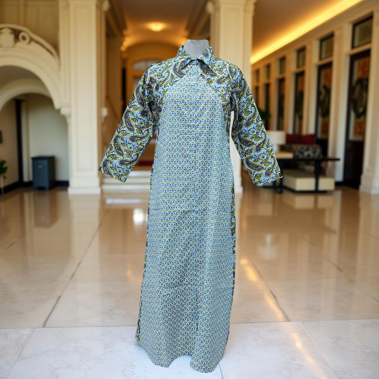 L/XL Honey Printed Cotton Dress Long 57&quot; Jalabiya