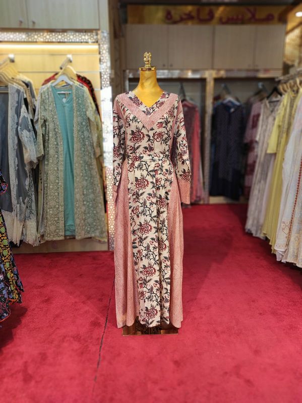 S-M  Noor Printed Cotton Dress 57&quot; Long Jalabiya