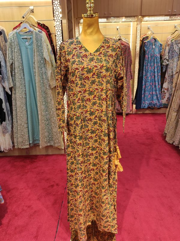 S/M Qifa Gold Printed Cotton Dress 57&quot; Long Jalabiyas