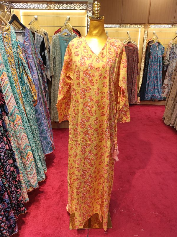 L/XL Qifa Printed Cotton Dress 57&quot; Long Jalabiyas