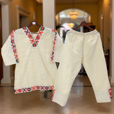 S/M Embroidery V-Neck Collar Cotton Co-ord Set