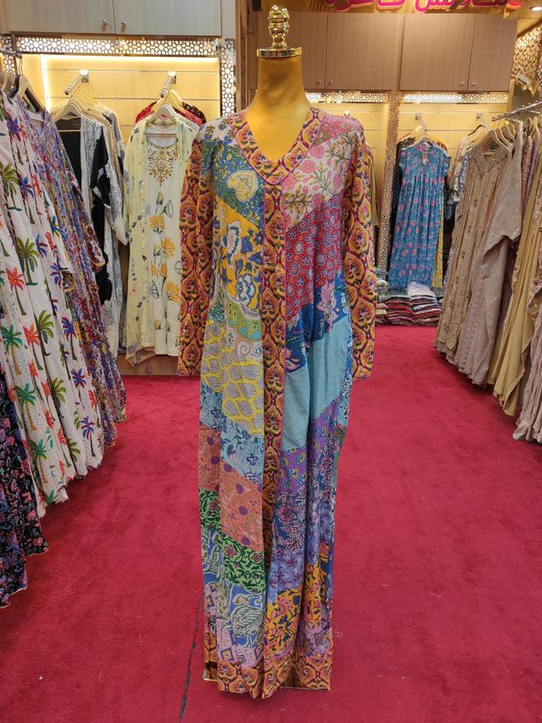 S/M Zeina Multi Printed Cotton Dress 57&quot; Long Jalabiya
