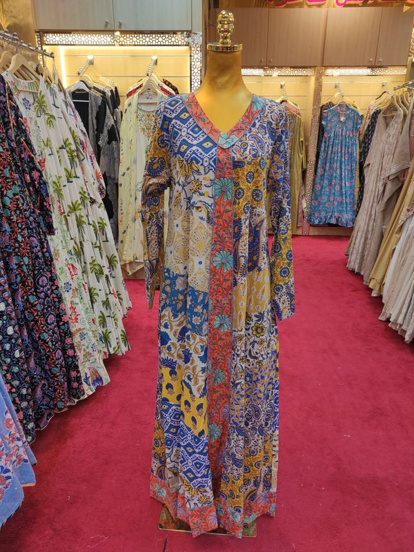 S/M Zeina Multi Printed Cotton Dress 57&quot; Long Jalabiya