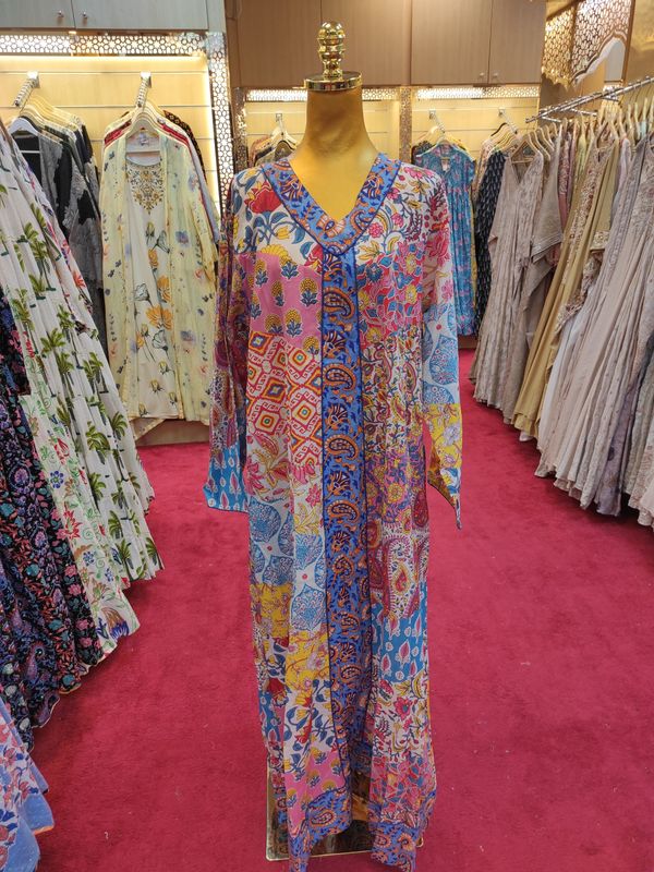 L/XL Zeina Multi Printed Cotton Dress 57&quot; Long Jalabiya