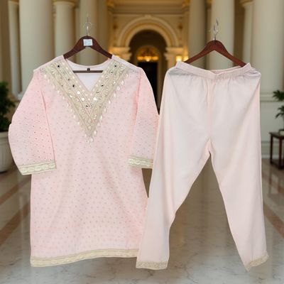 S/M Embroidery V-Neck Collar Cotton Co-ord Set