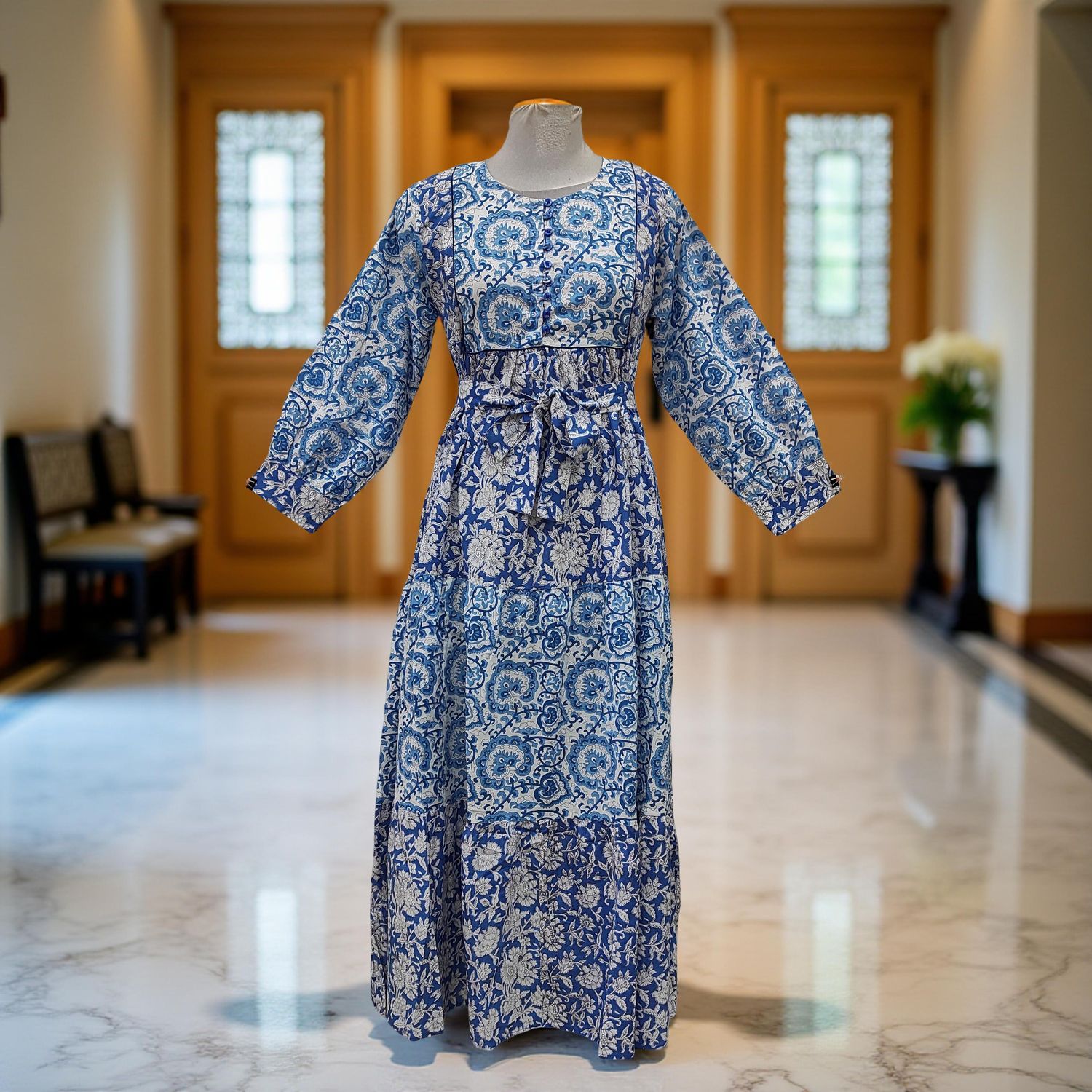 S/M Year Yumna Printed Cotton Dress 57&quot; Long Jalabiya