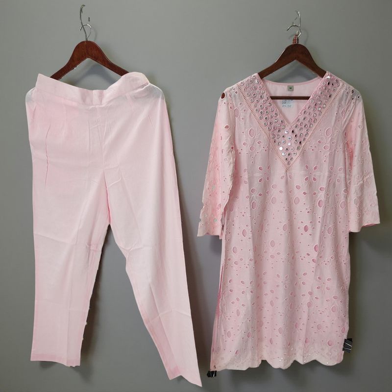 XS/S Embroidery V-Neck Collar Cotton Co-ord Set