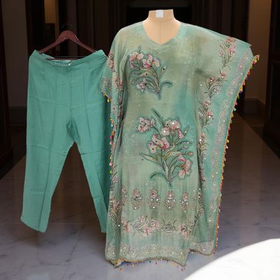 L/XL Mirror Work Printed V-Neck Collar 2 pcs Co-ord Set