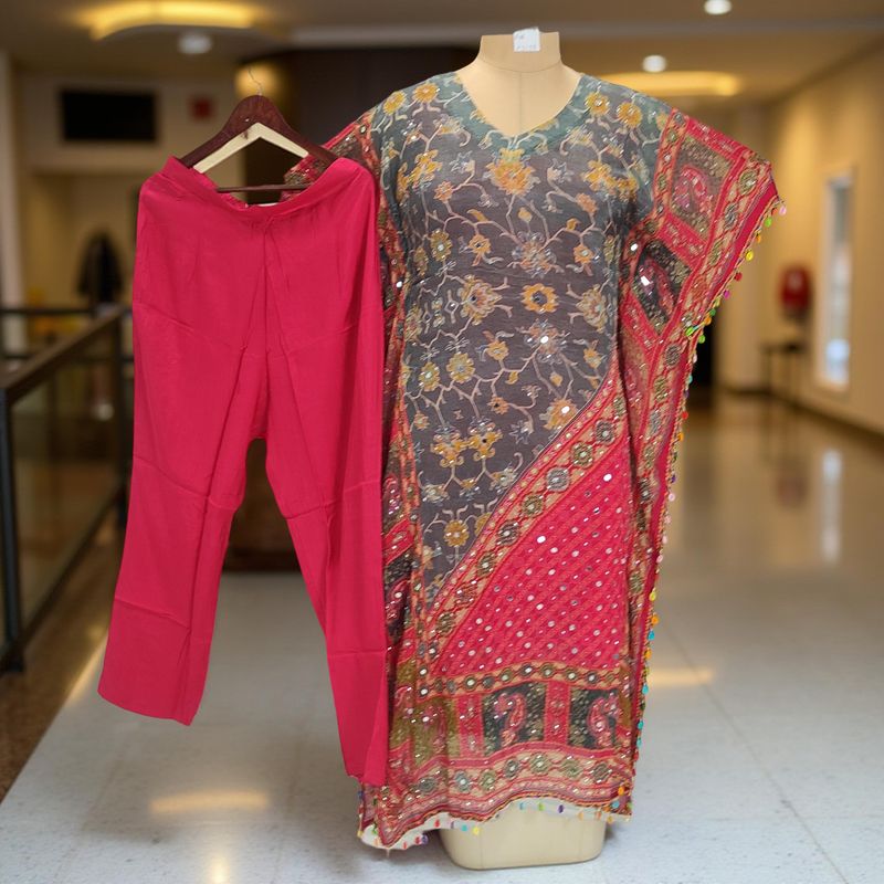 XS/S Mirror Work Printed V-Neck Collar 2 pcs Co-ord Set