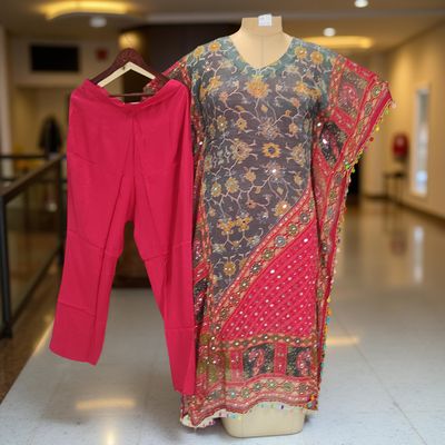 XS/S Mirror Work Printed V-Neck Collar 2 pcs Co-ord Set