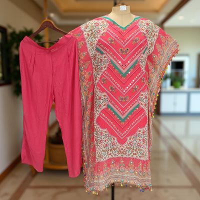 S/M Mirror Work Printed V-Neck Collar 2 pcs Co-ord Set