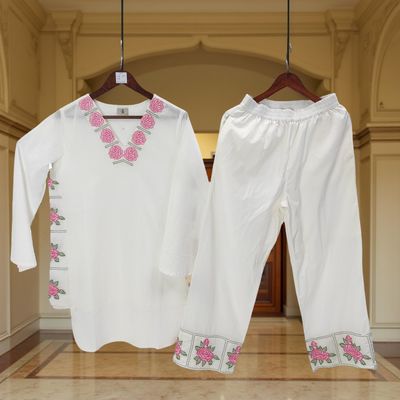 L/XL Embroidery V- Neck Collar 2 pcs Co-ord Set