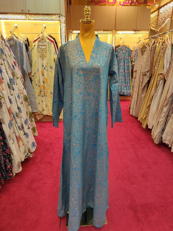 S/M Teena Crystal Printed Cotton Dress 57&quot; Long Jalabiya