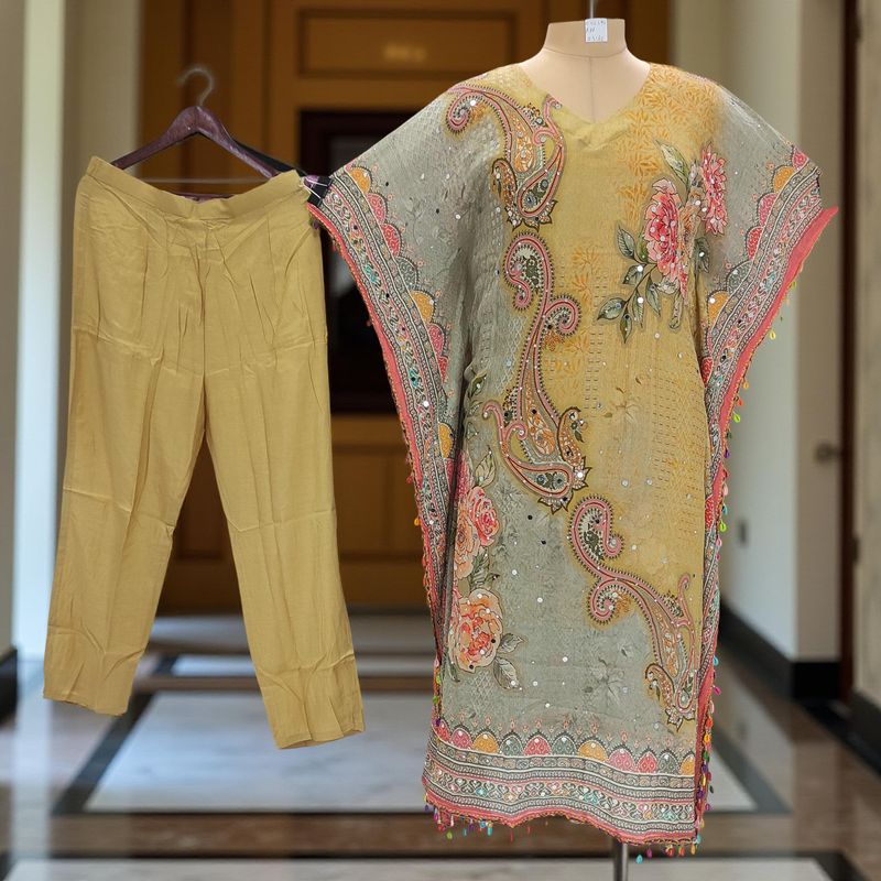 L/XL Mirror Work Printed V-Neck Collar 3 pcs Co-ord Set