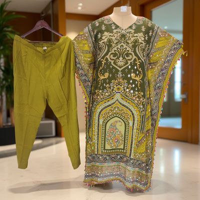 L/XL Mirror Work Printed V-Neck Collar 2 pcs Co-ord Set