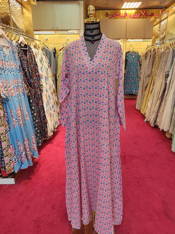 S/M Teena Crystal Pink Cotton Dress 56&quot; Long Jalabiya
