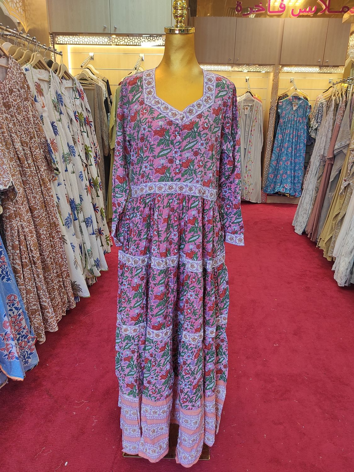 S/M Huda Crystal Printed Cotton Dress 57&quot; Long Jalabiya