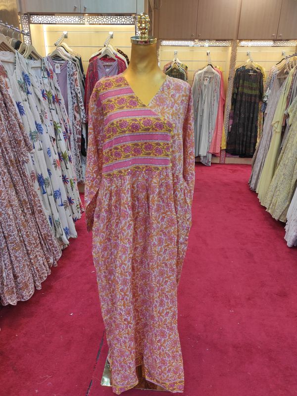L/XL Daisy Printed Cotton Crystal Dress 57&quot; Long Jalabiya