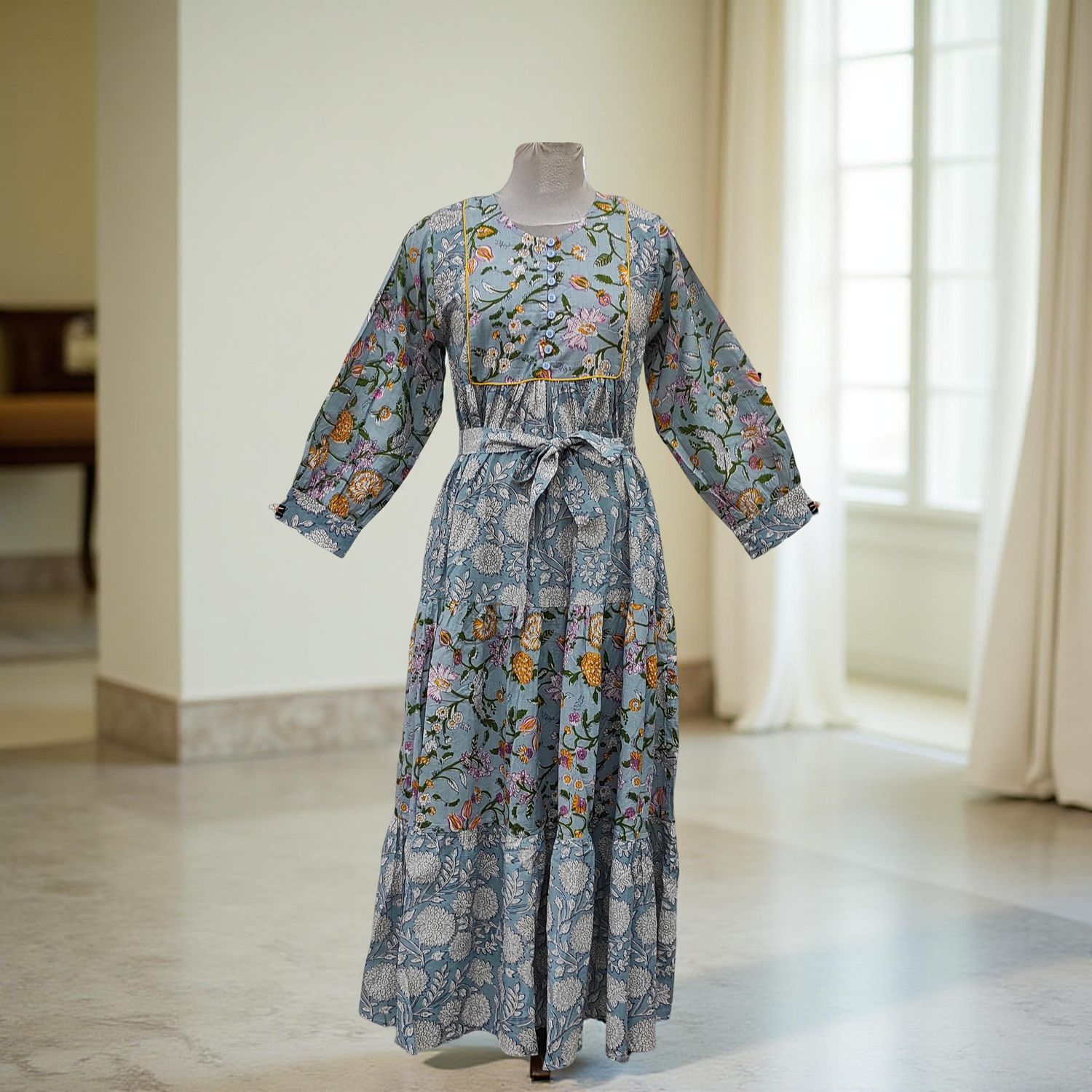 S/M Year Yumna Printed Cotton Dress 57&quot; Long Jalabiya