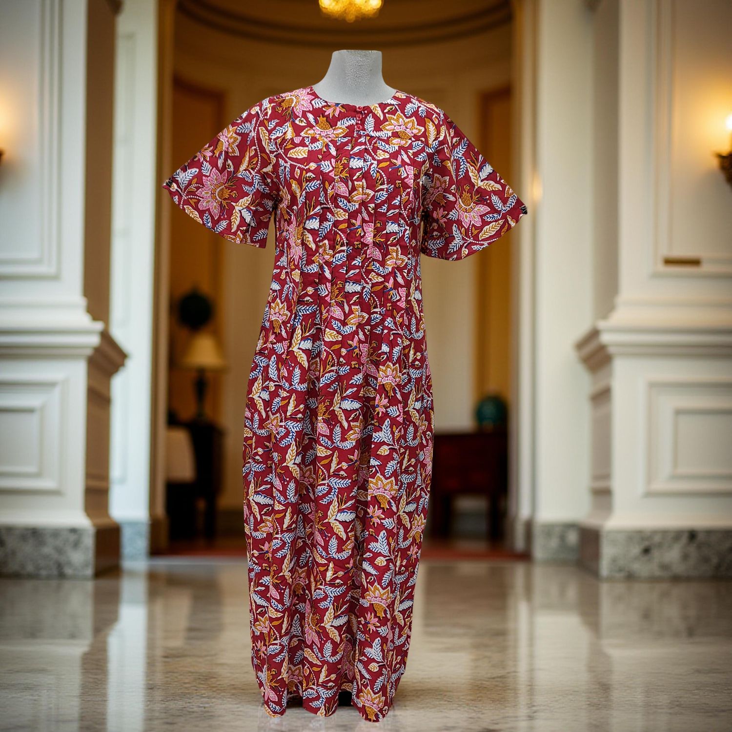 XS/S Nahla Printed Cotton Dress 54&quot; Short Sleeves Jalabiya