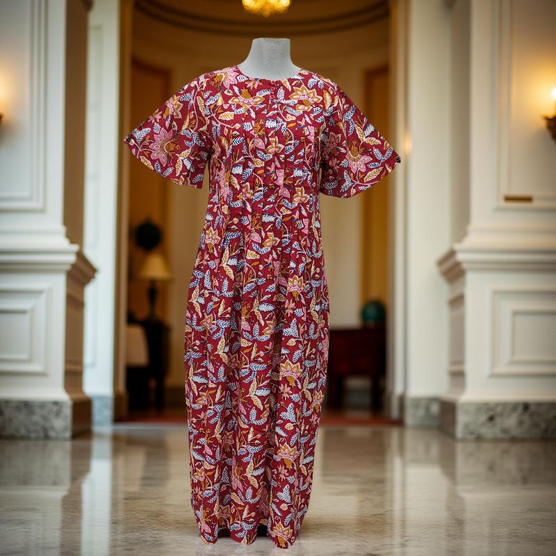 XS/S Nahla Printed Cotton Dress 54&quot; Short Sleeves Jalabiya