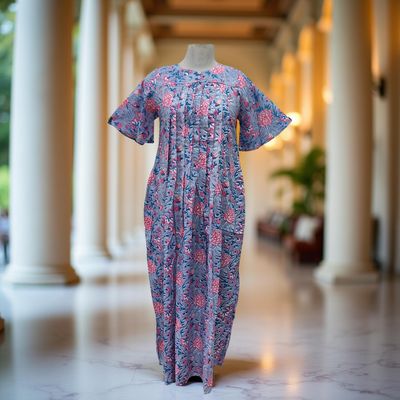 2XL/3XL Nahla Printed Cotton Dress 57&quot; Short Sleeves Jalabiya