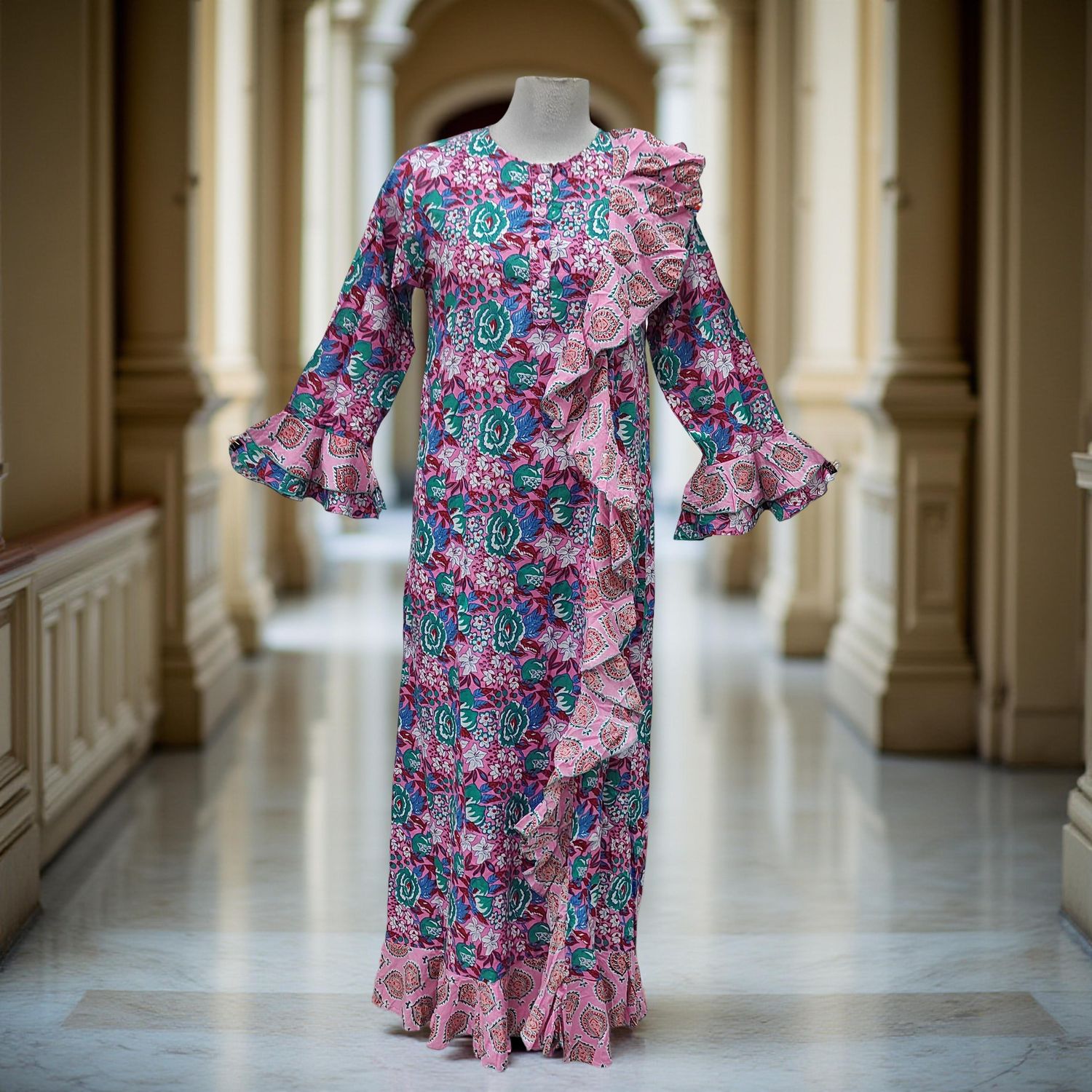 2XL/3XL Princess Printed Cotton Long Dress 57&quot; Jalabiya