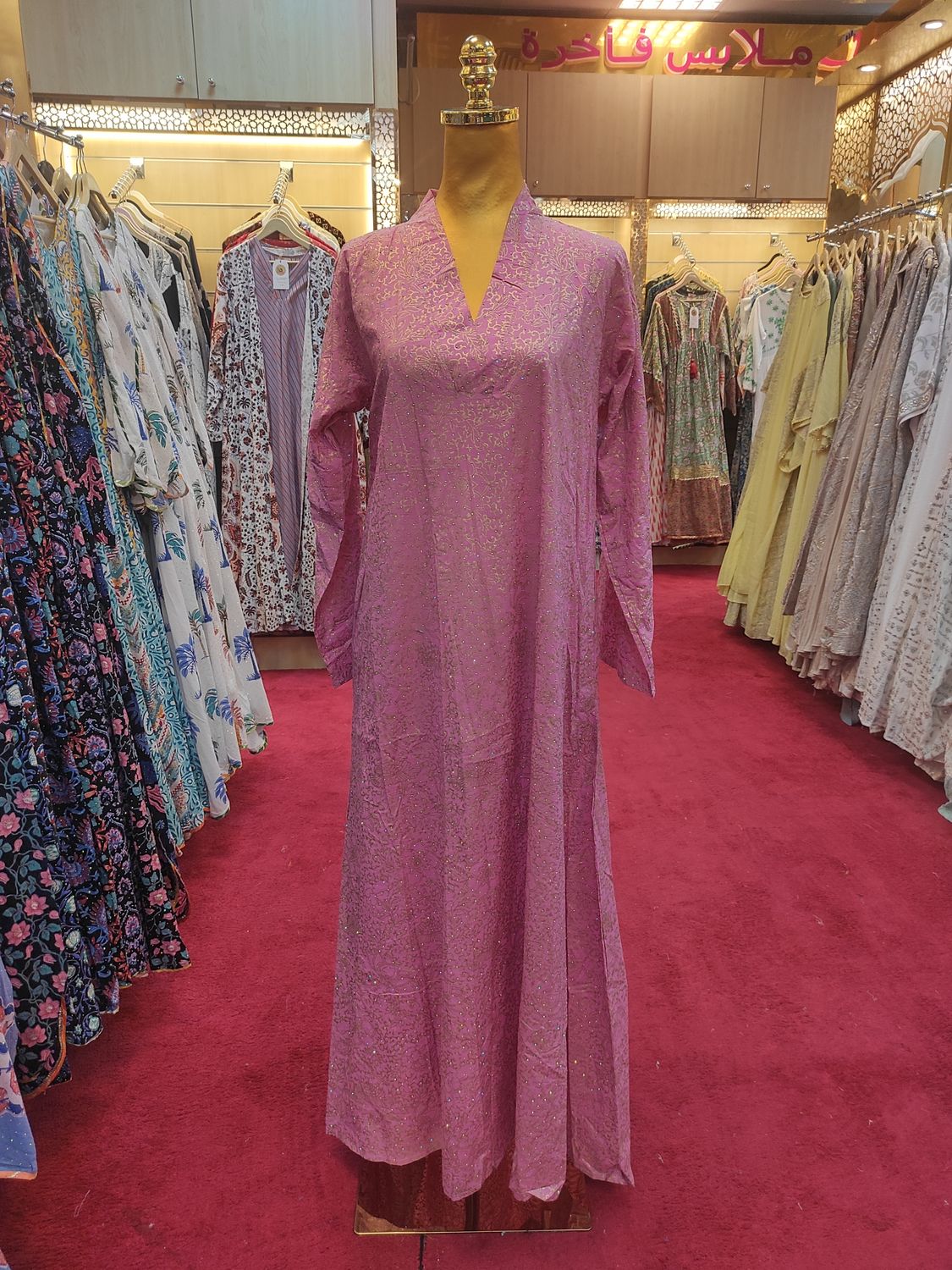 XS/S Teena Crystal Pink Printed Cotton Dress 54&quot; Long Jalabiya